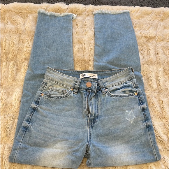 Blue Ankle Cropped Jeans with Distressed Details - Picture 1 of 1